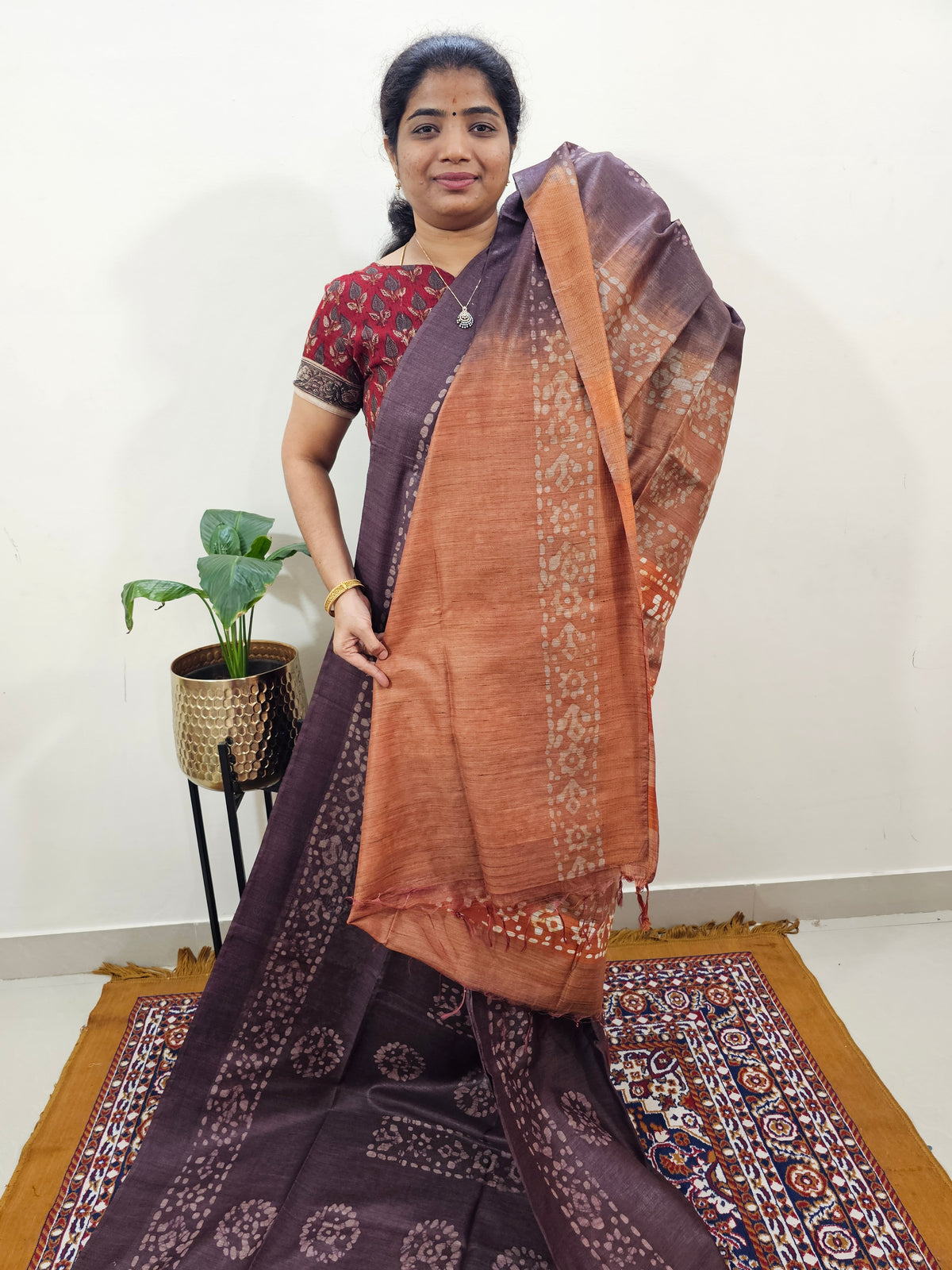 Bhagalpuri with Batik Print - Brown with Honey Brown