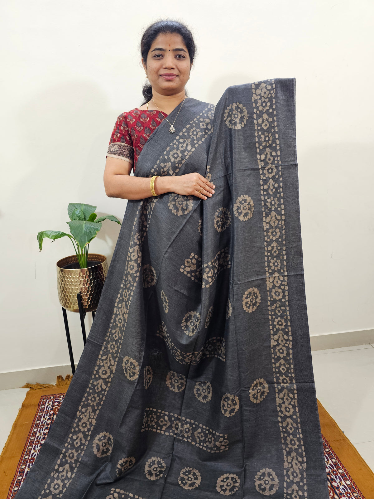 Bhagalpuri with Batik Print - Grey with Sea Green