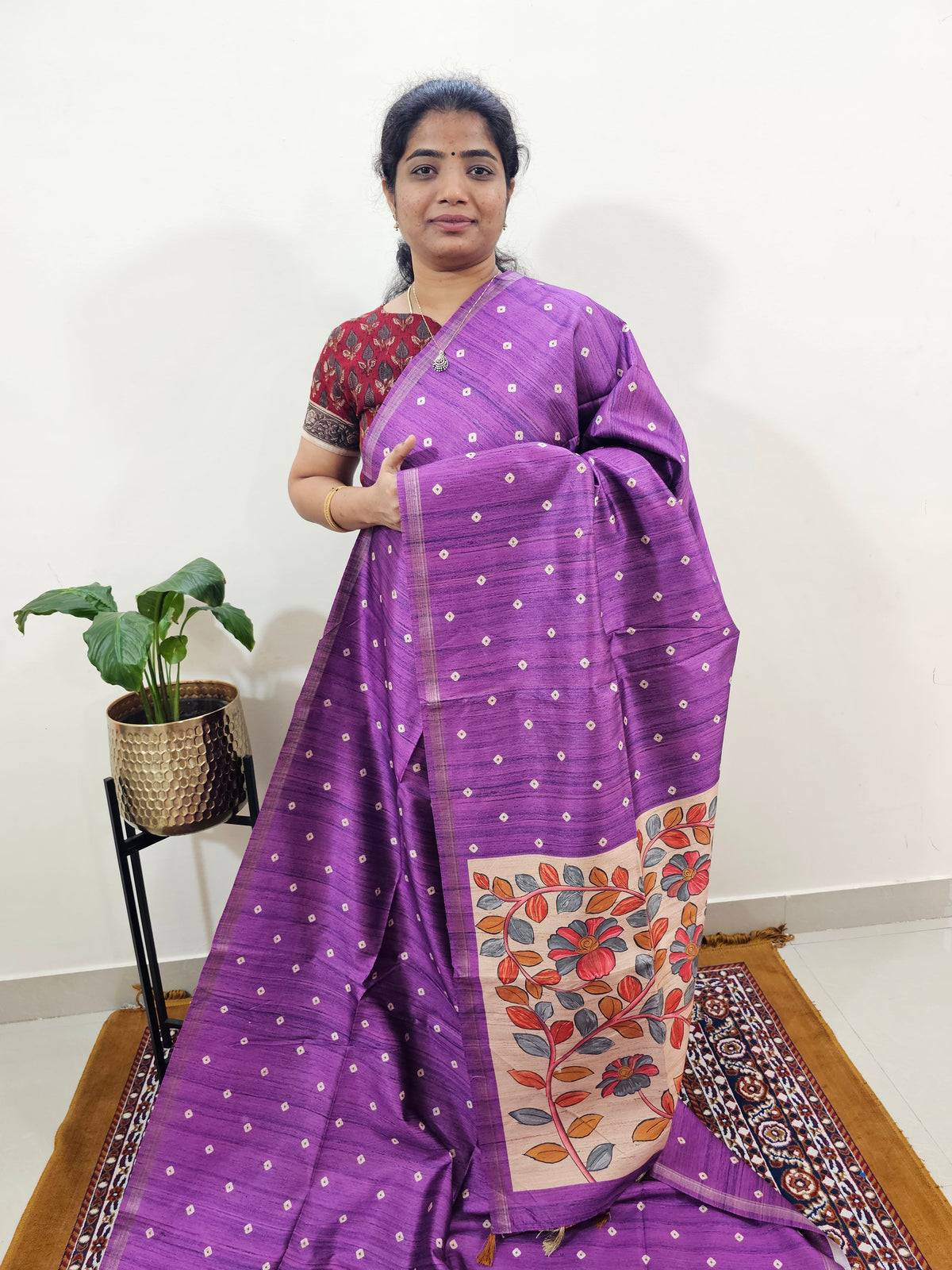 Semi Matka Tussar with Kalamkari - Purple