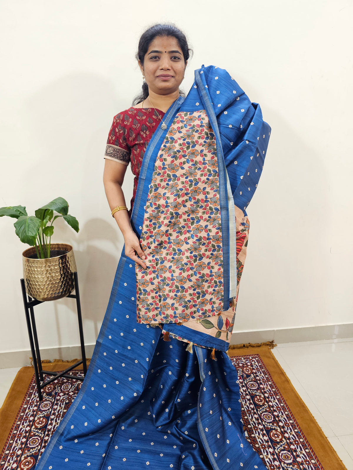 Semi Matka Tussar with Kalamkari - Blue