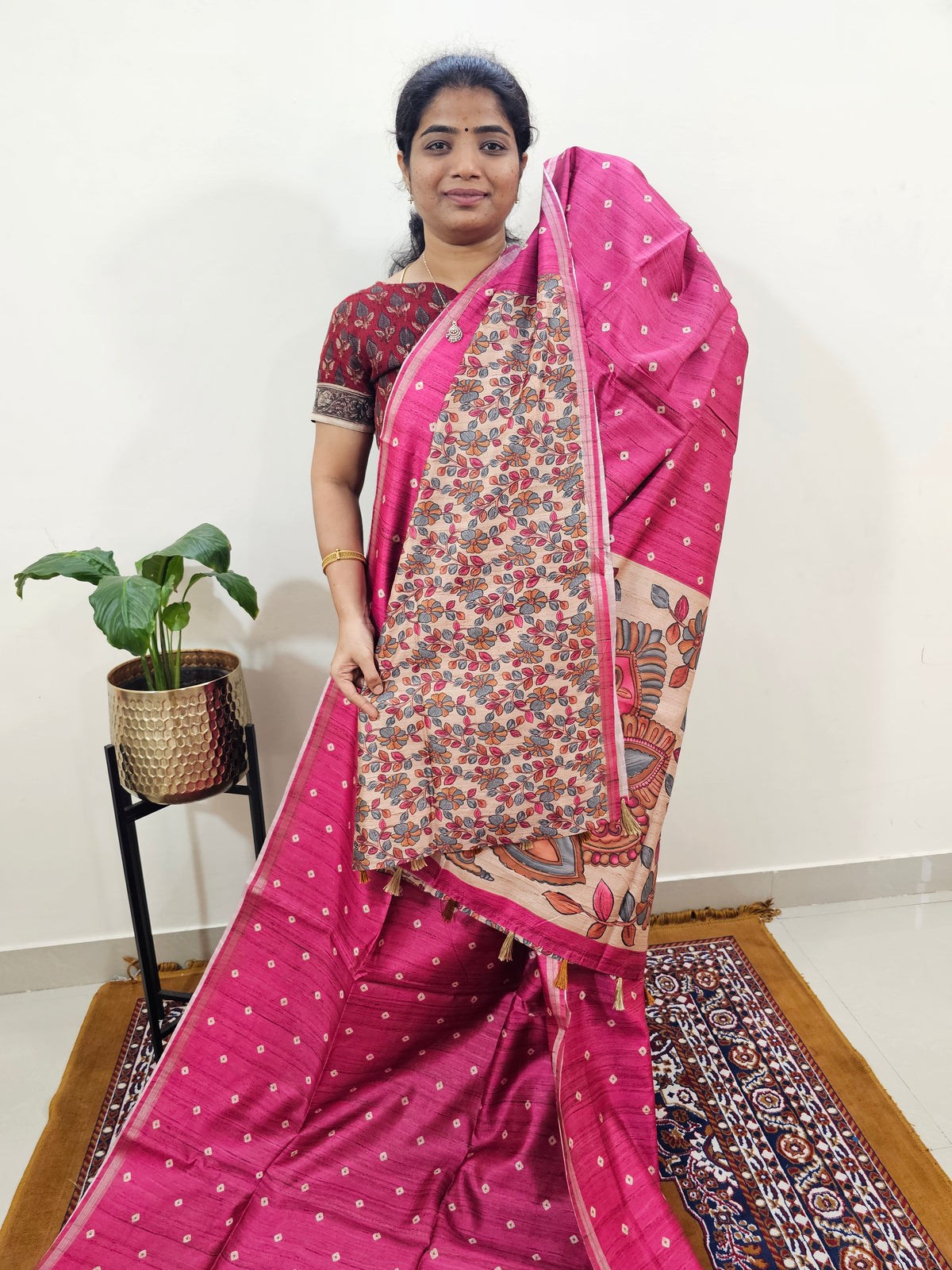 Semi Matka Tussar with Kalamkari - Pink