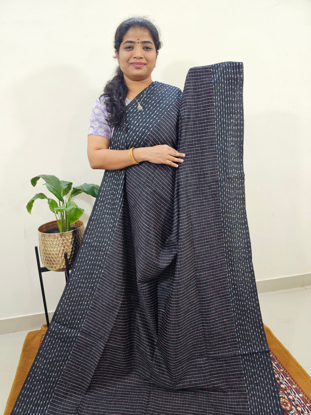 Semi Raw Silk Saree - Black with Red