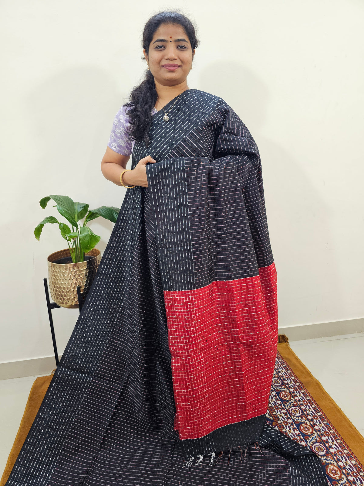 Semi Raw Silk Saree - Black with Red
