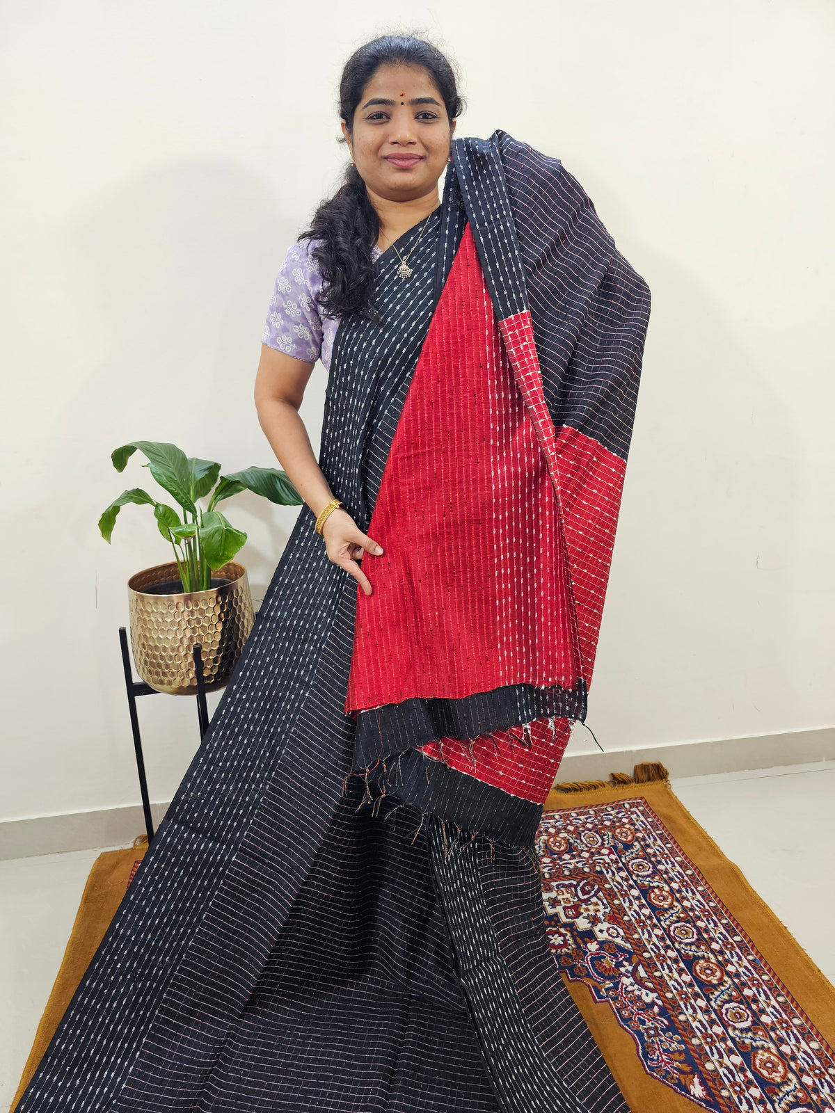 Semi Raw Silk Saree - Black with Red