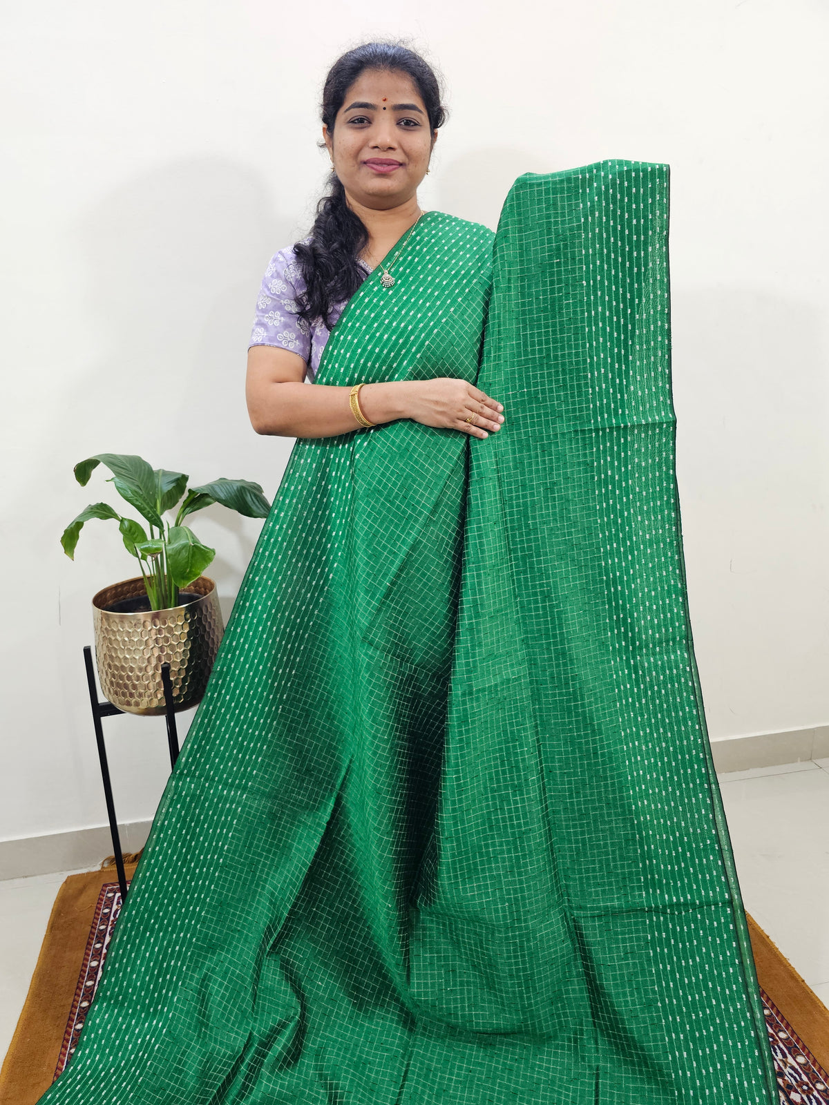 Semi Raw Silk Saree - Green with Pink