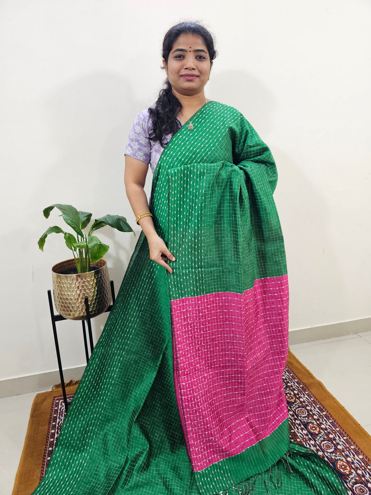 Semi Raw Silk Saree - Green with Pink