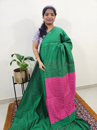 Semi Raw Silk Saree - Green with Pink