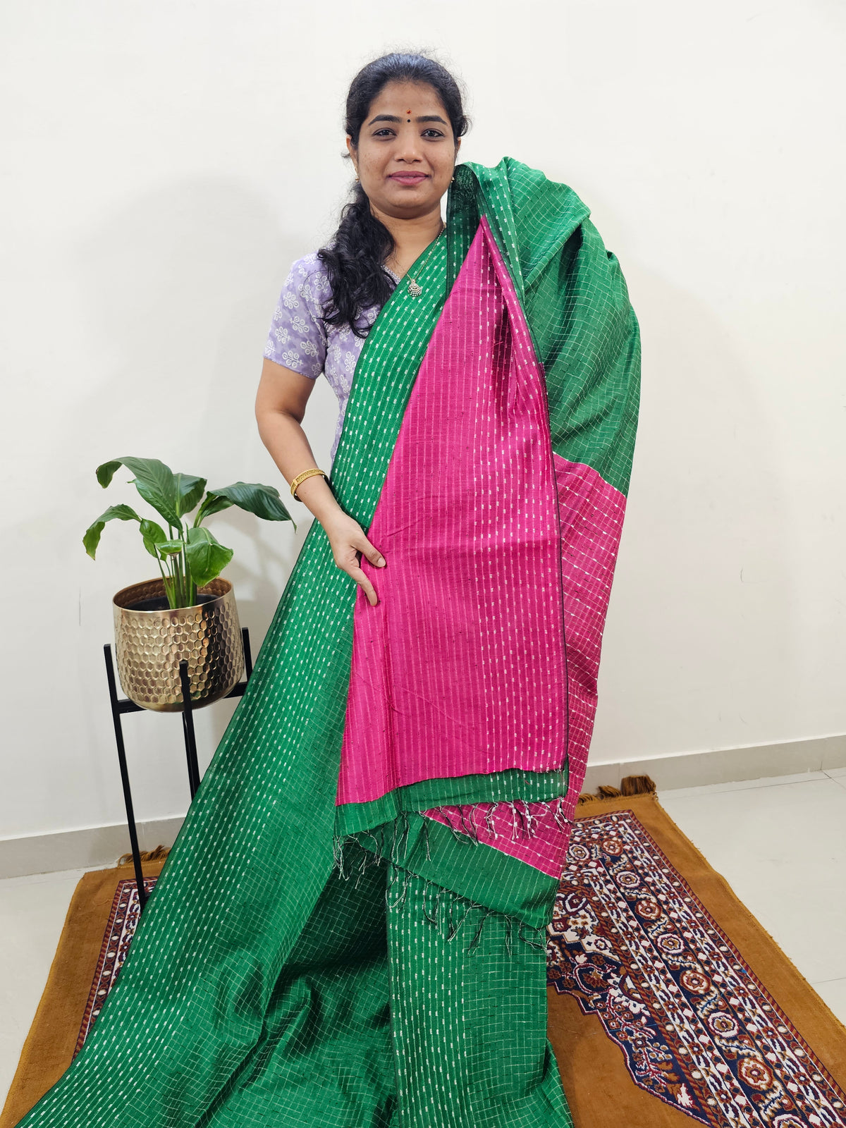 Semi Raw Silk Saree - Green with Pink