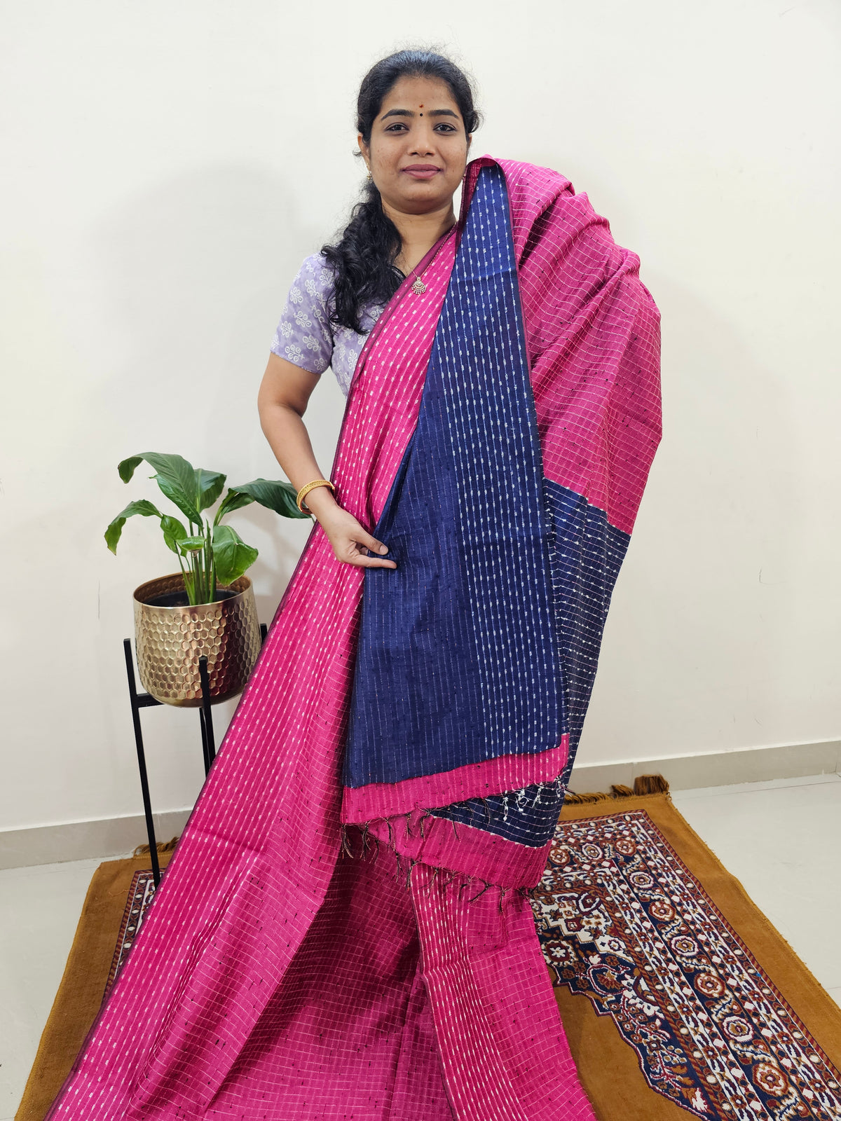 Semi Raw Silk Saree - Pink with Blue