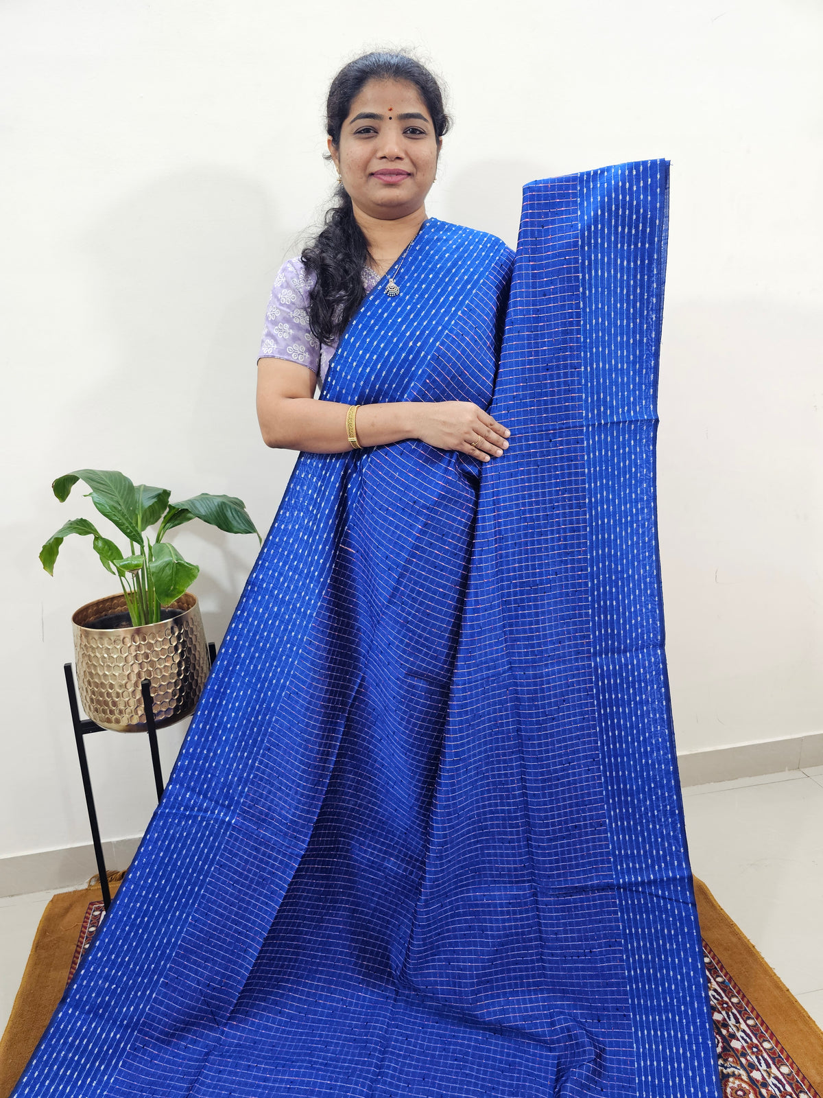 Semi Raw Silk Saree - Royal Blue with Pink