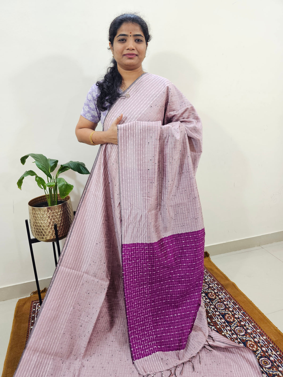 Semi Raw Silk Saree - Onion Pink with Magenta Pink