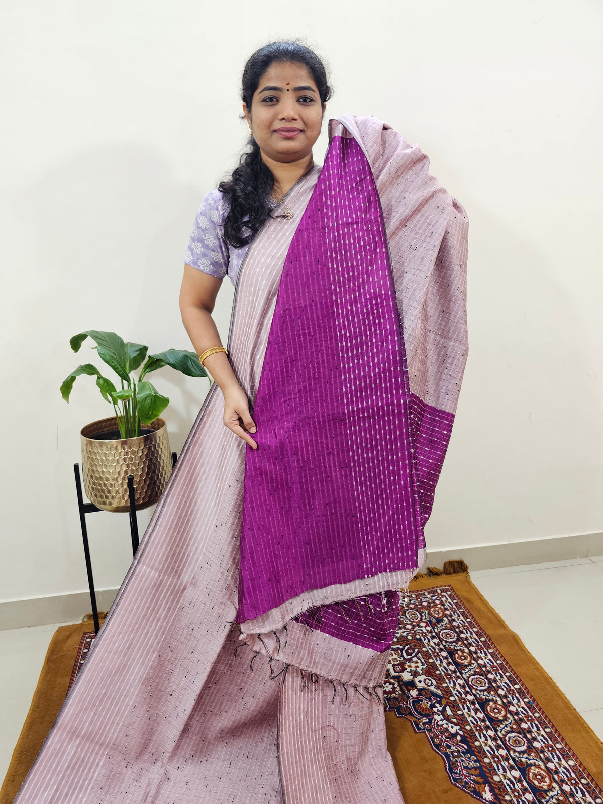 Semi Raw Silk Saree - Onion Pink with Magenta Pink