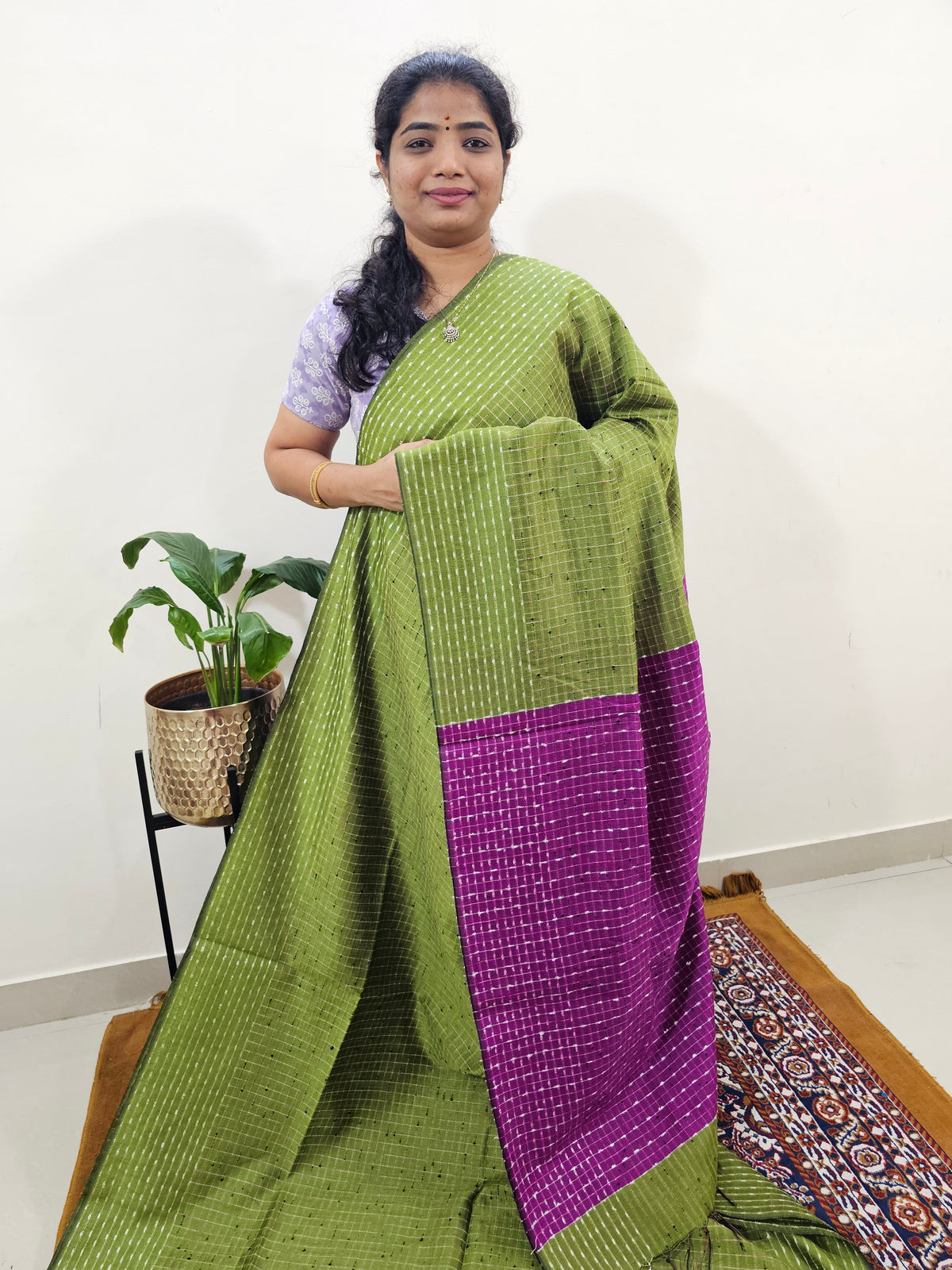 Semi Raw Silk Saree - Green with Magenta Pink