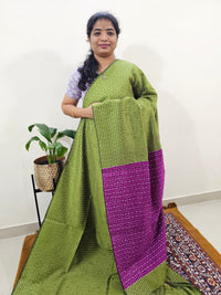Semi Raw Silk Saree - Green with Magenta Pink