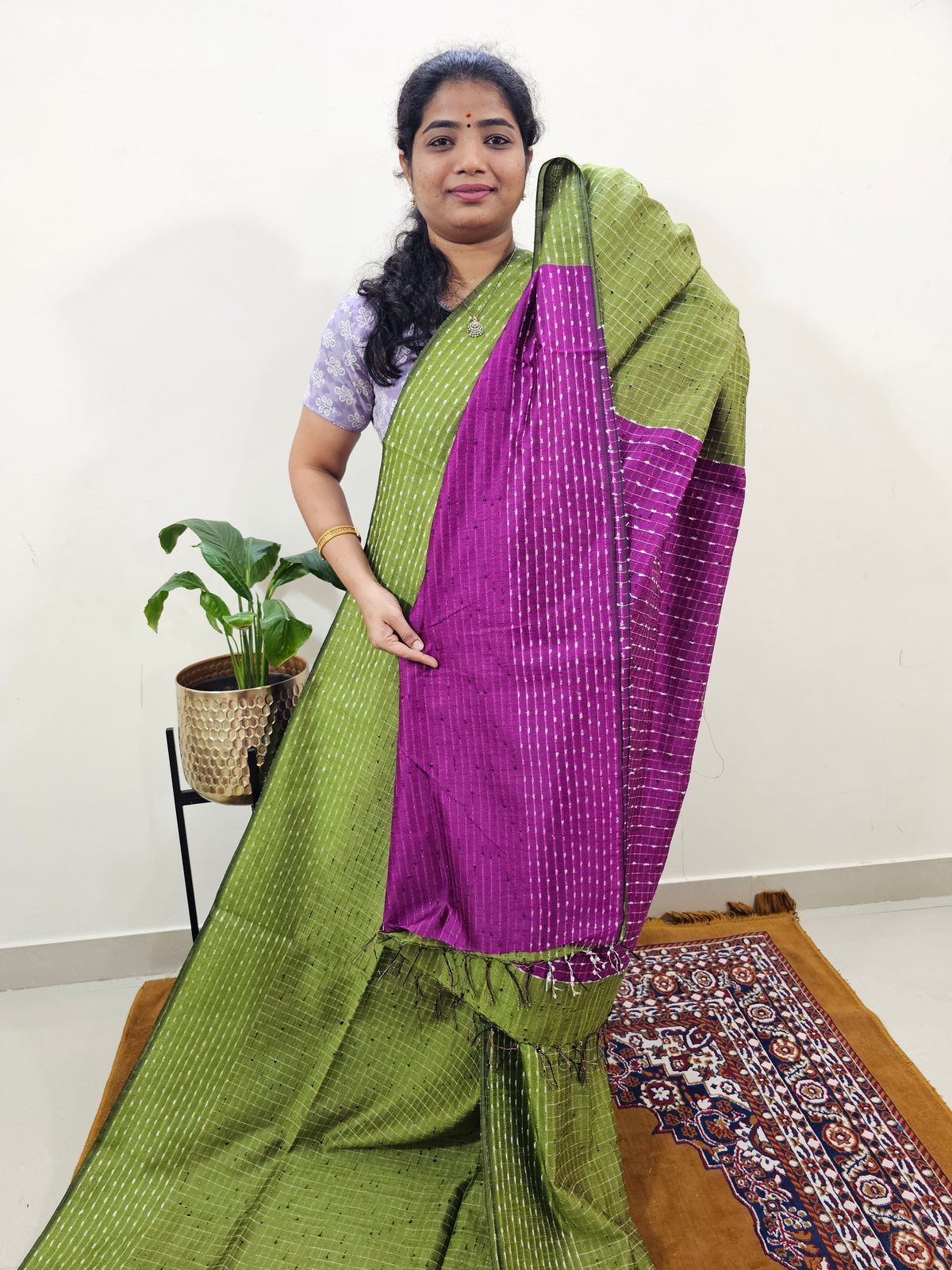 Semi Raw Silk Saree - Green with Magenta Pink