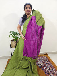 Semi Raw Silk Saree - Green with Magenta Pink