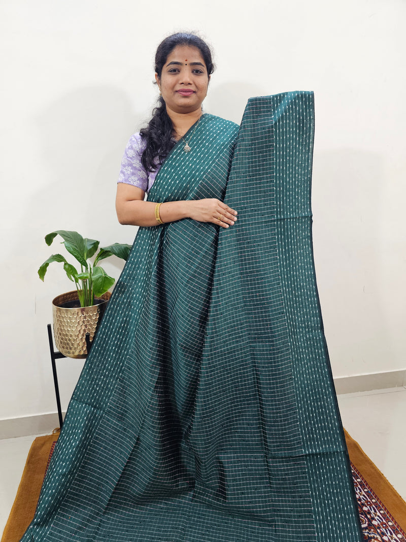 Semi Raw Silk Saree - Dark Green with Orange
