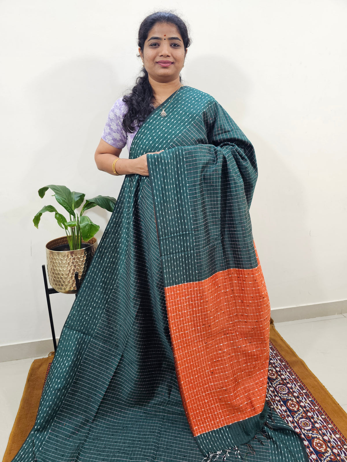 Semi Raw Silk Saree - Dark Green with Orange