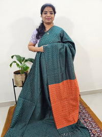 Semi Raw Silk Saree - Dark Green with Orange