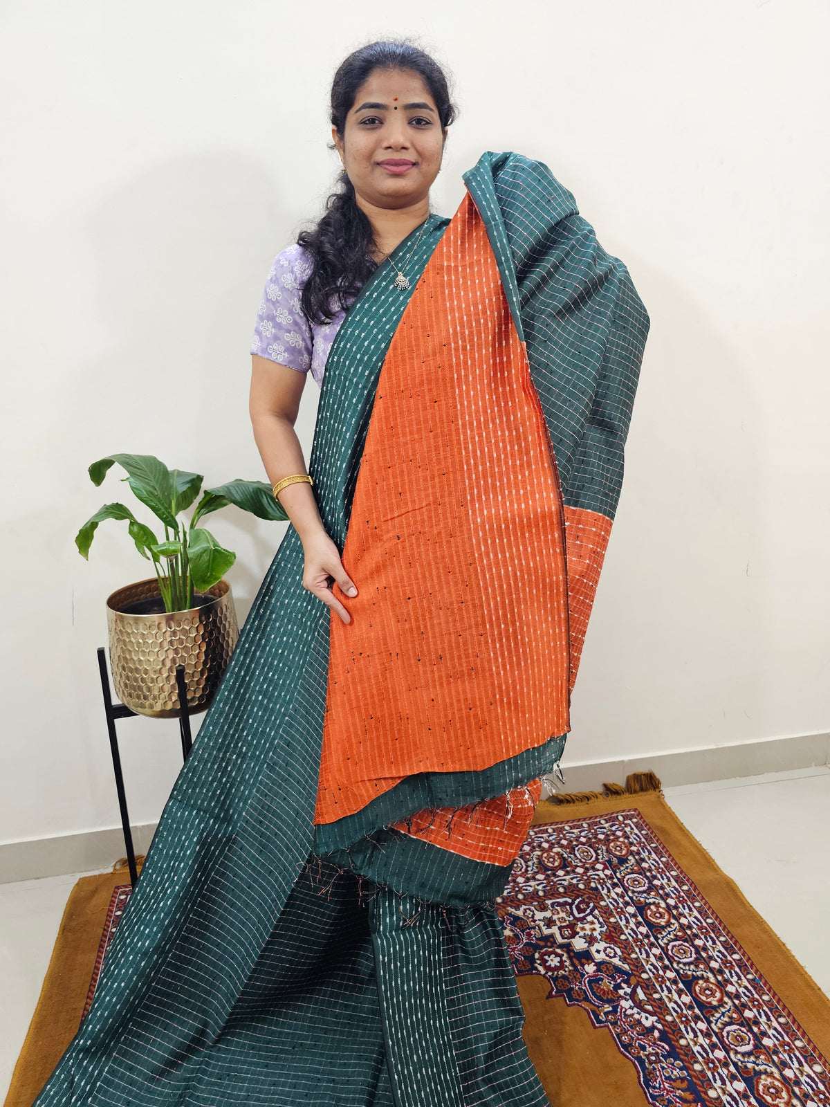 Semi Raw Silk Saree - Dark Green with Orange