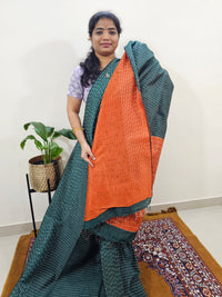 Semi Raw Silk Saree - Dark Green with Orange