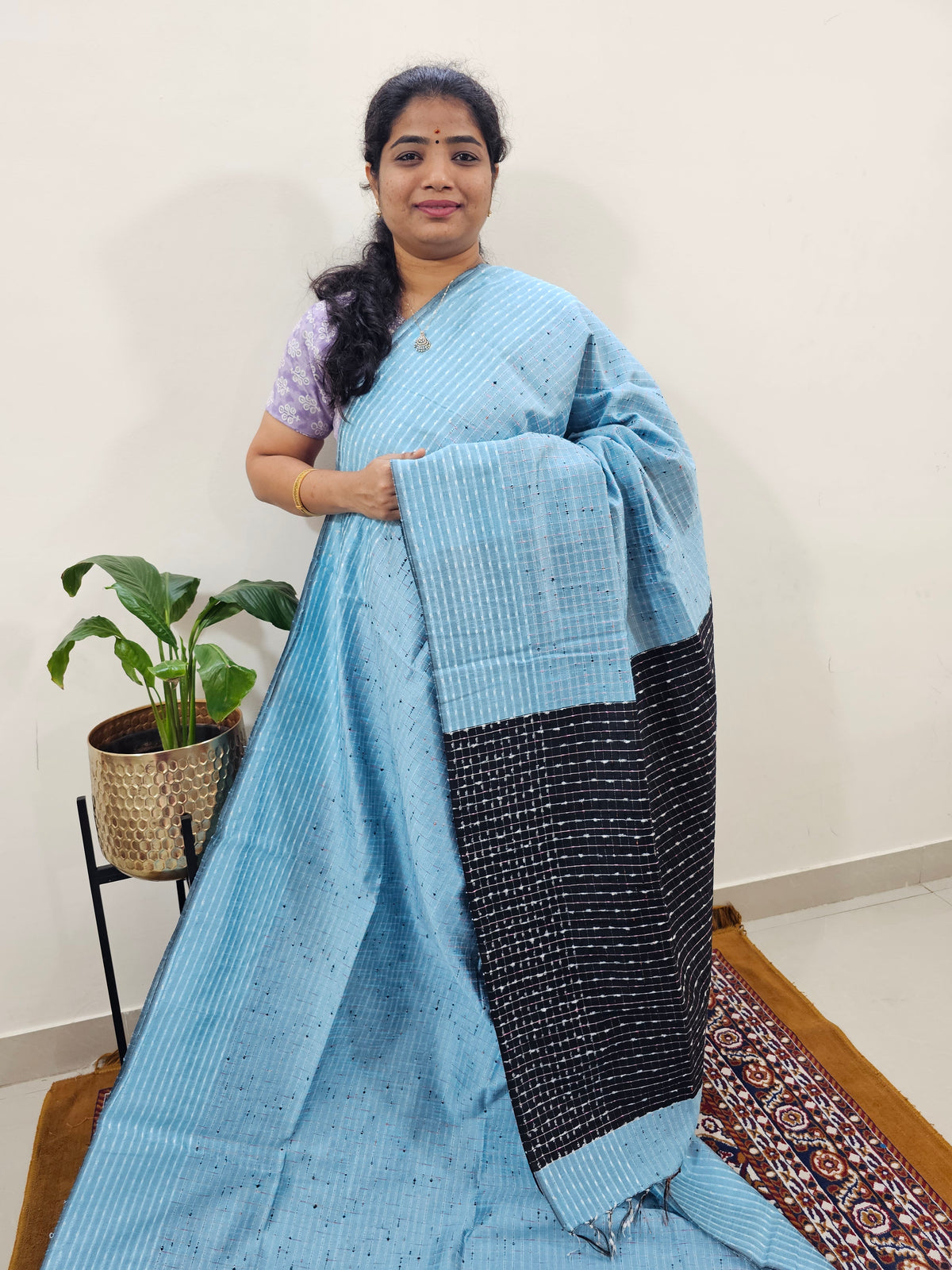 Semi Raw Silk Saree - Blue with Black