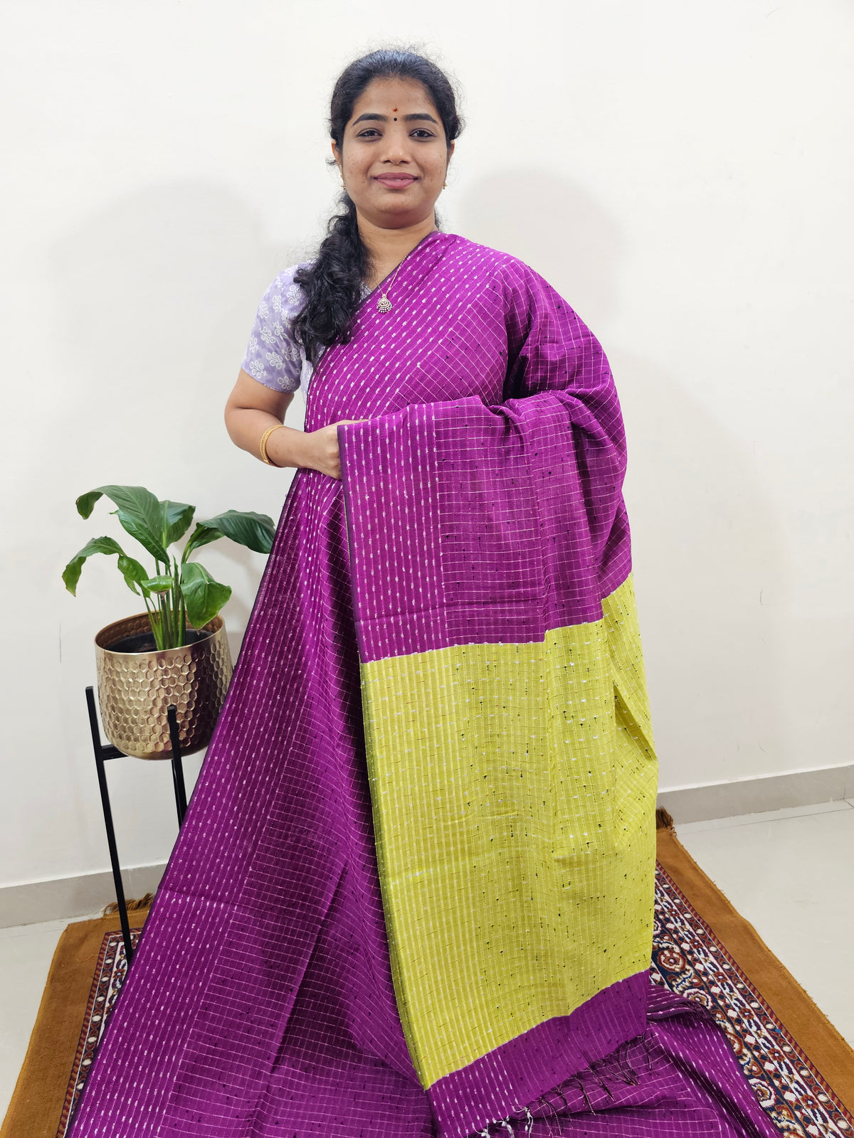 Semi Raw Silk Saree - Magenta Pink with Lime Green