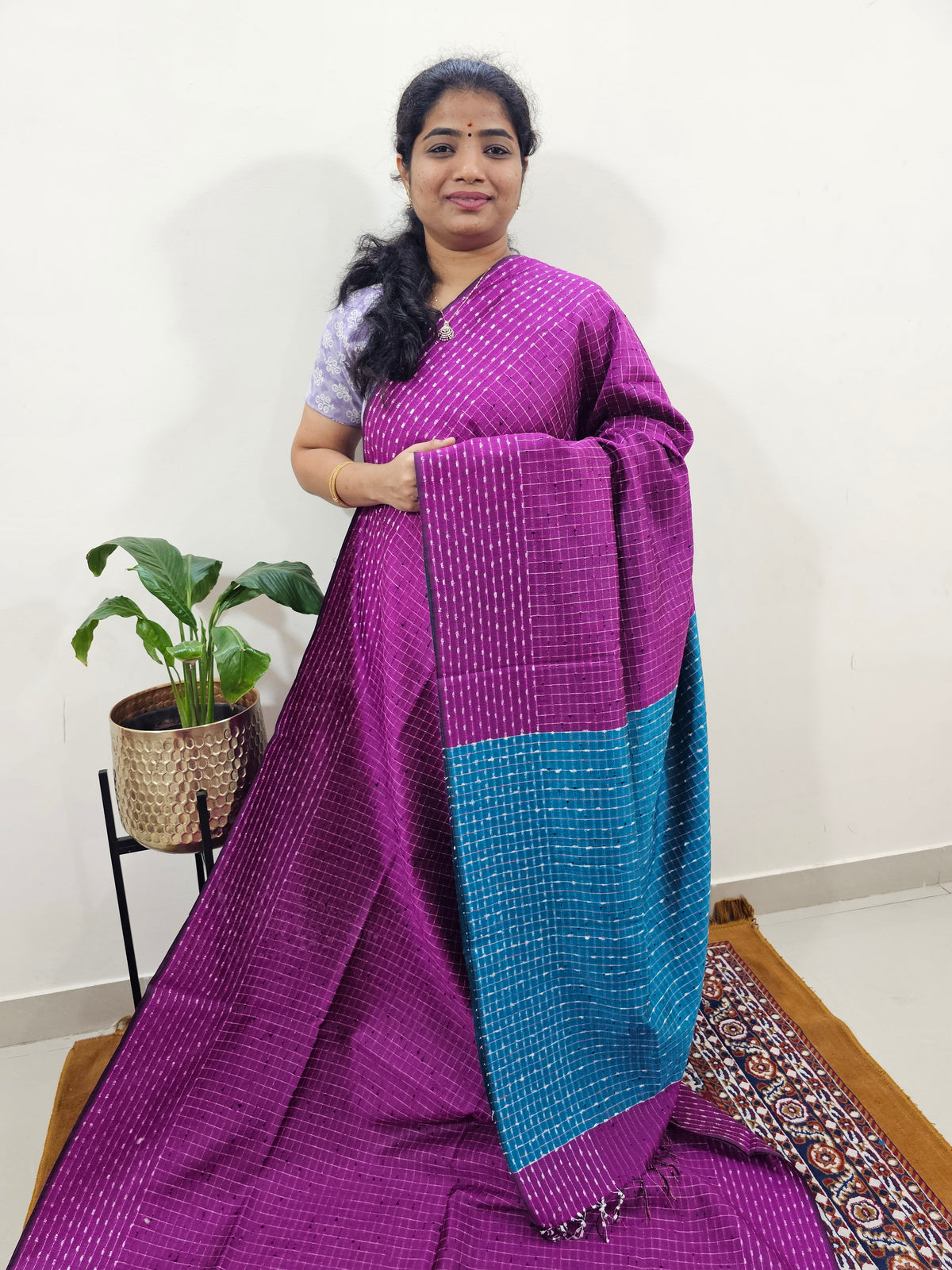 Semi Raw Silk Saree - Magenta Pink with Blue