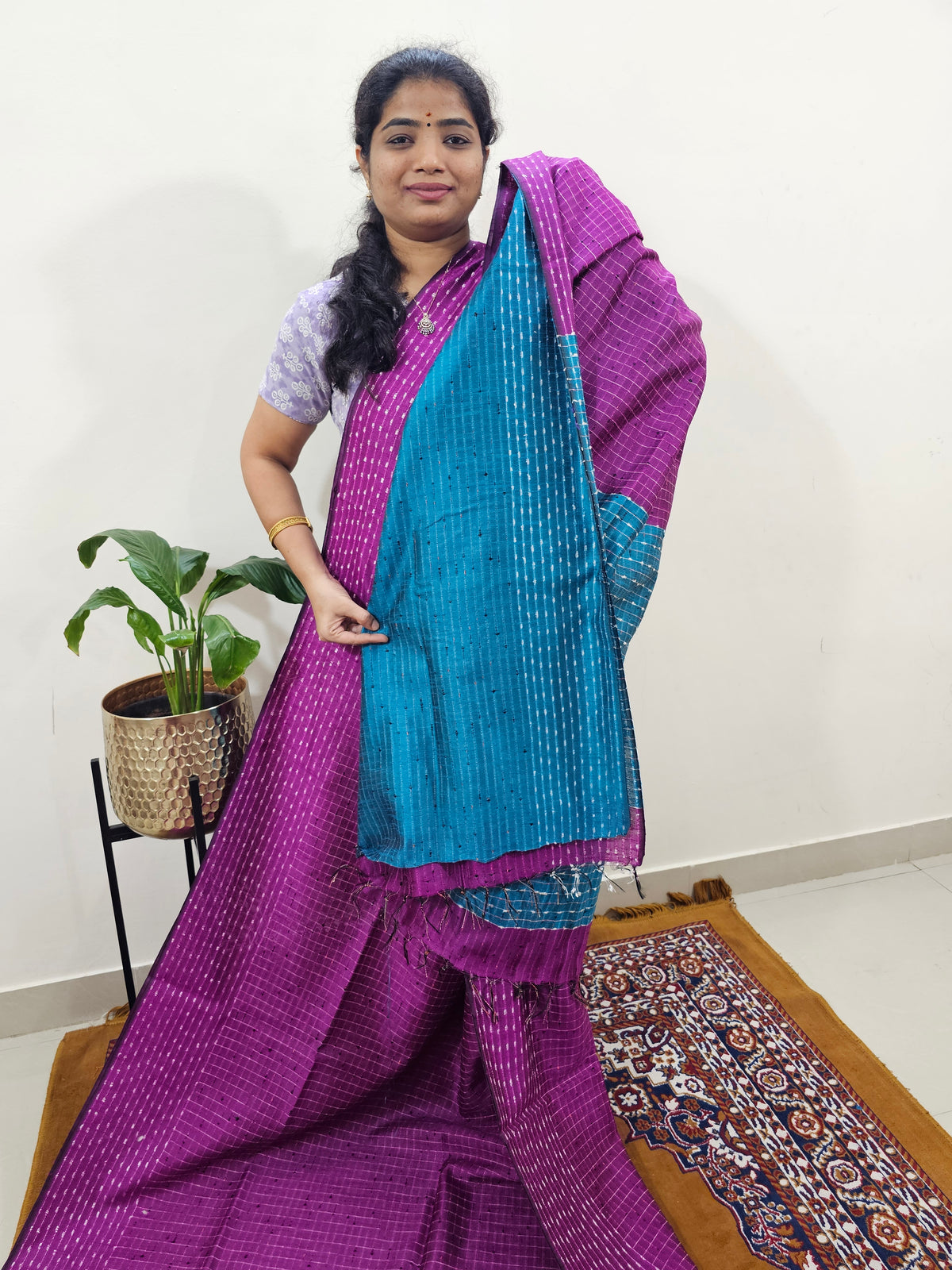 Semi Raw Silk Saree - Magenta Pink with Blue