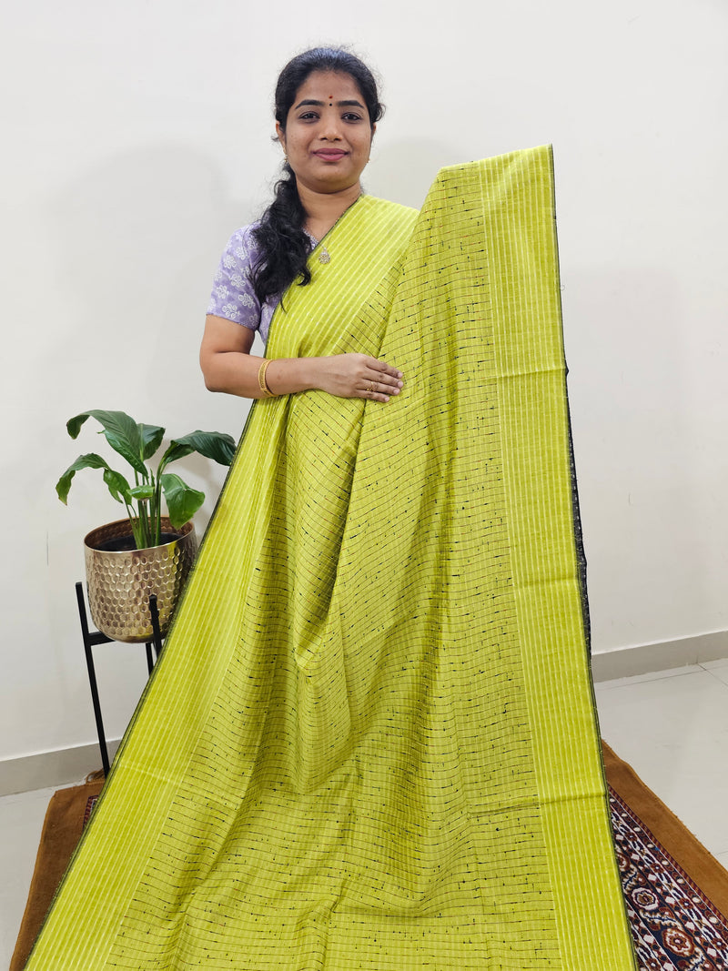 Semi Raw Silk Saree - Lime Green with Black