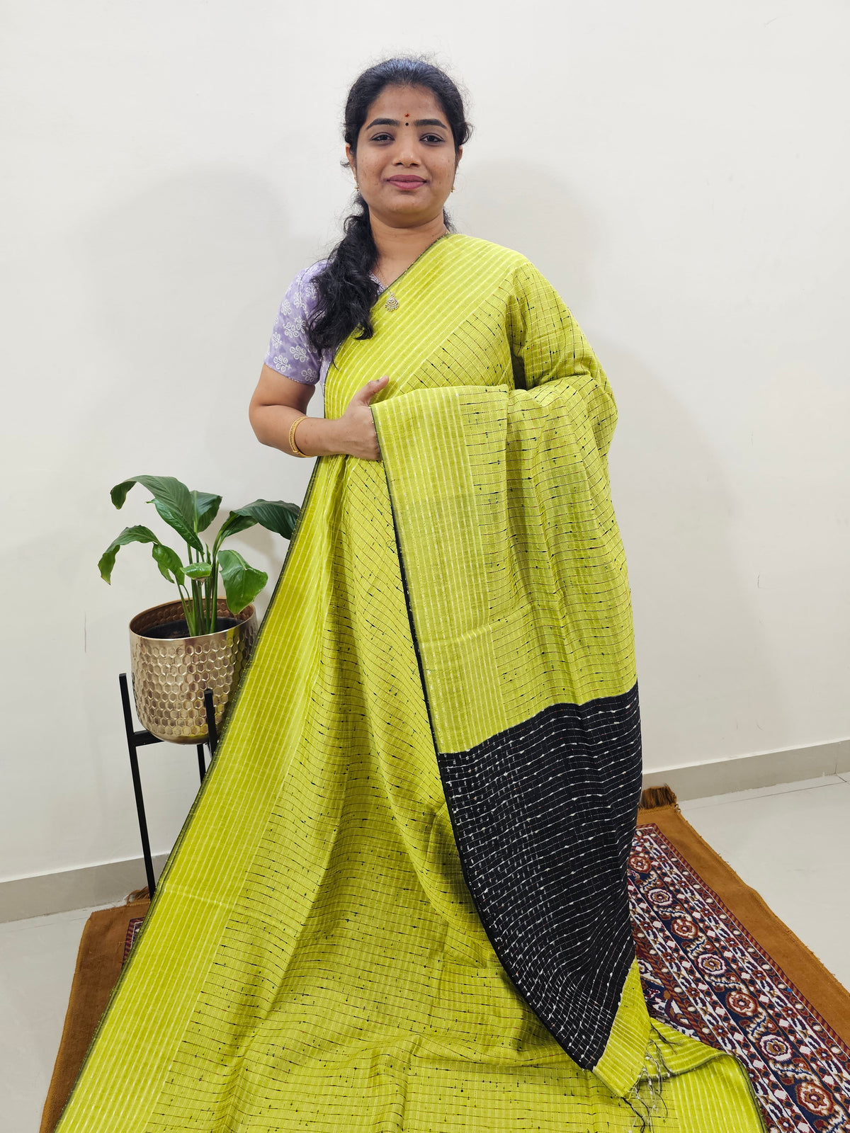 Semi Raw Silk Saree - Lime Green with Black