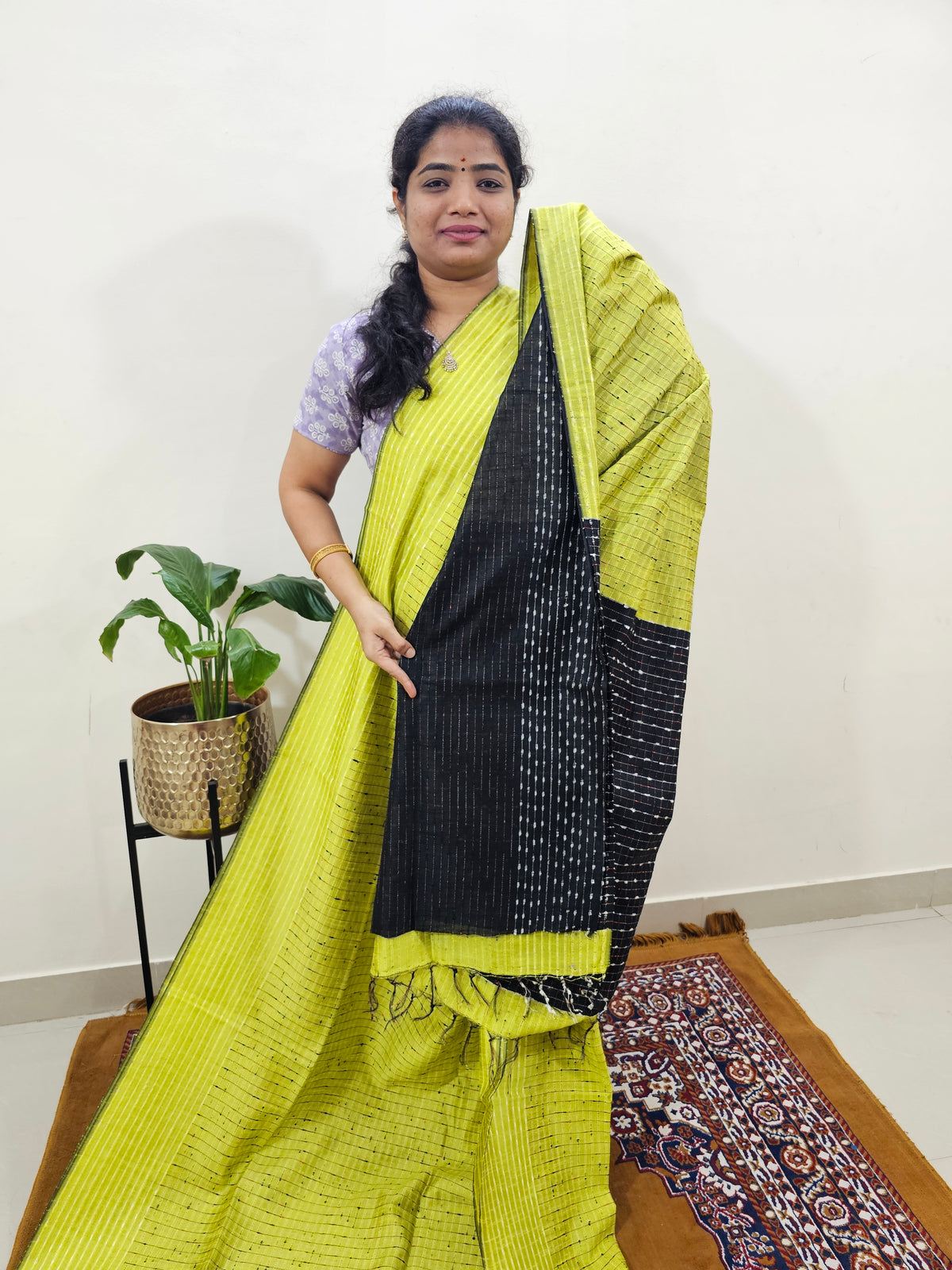 Semi Raw Silk Saree - Lime Green with Black