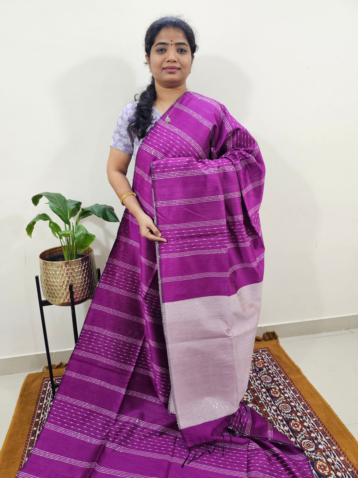 Semi Raw Silk Saree - Magenta Pink with Onion Pink