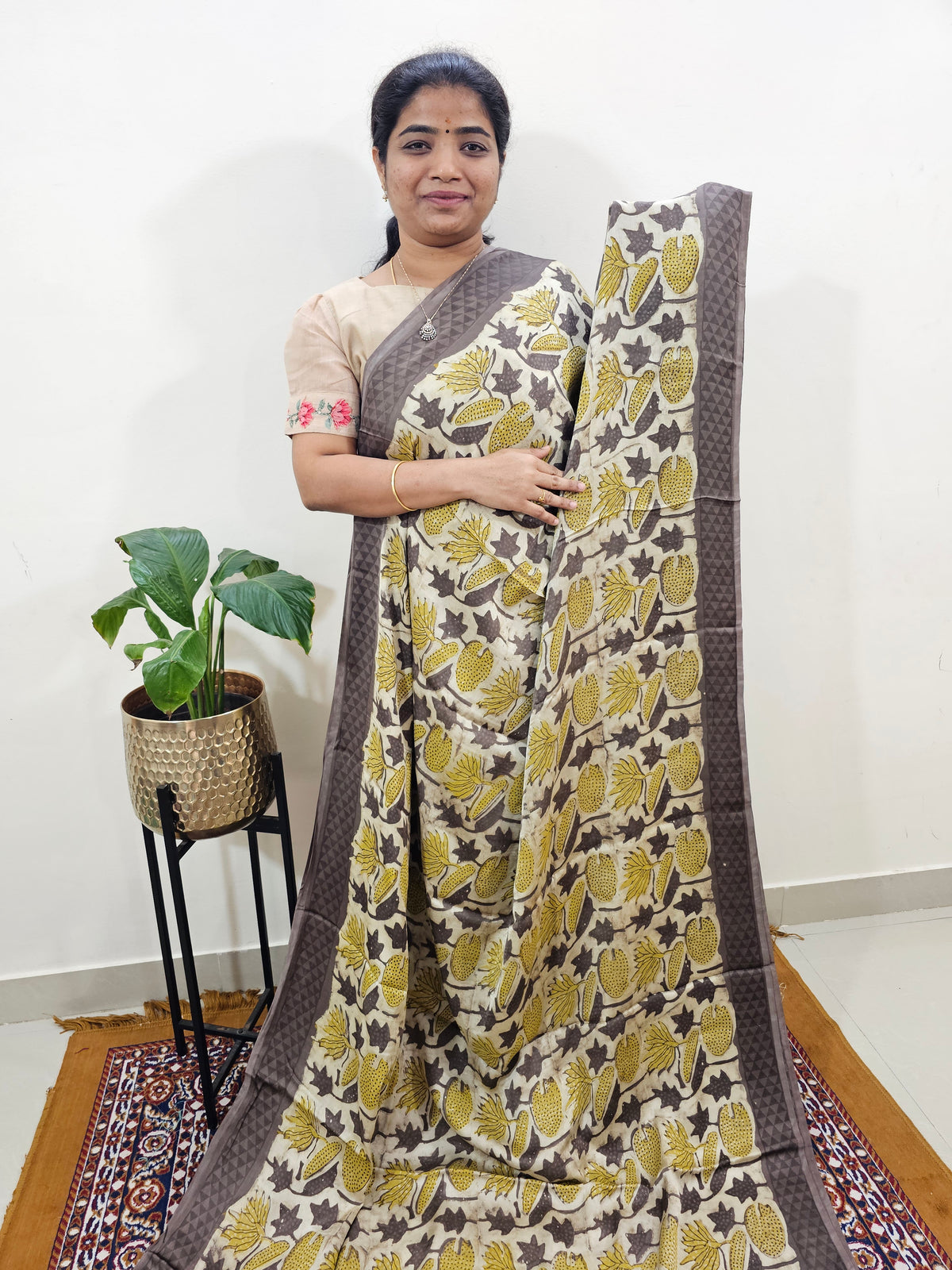 Modal Silk Saree Hand Block Prints - Dark Beige with Yellow