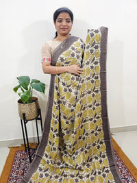 Modal Silk Saree Hand Block Prints - Dark Beige with Yellow