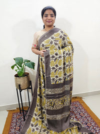 Modal Silk Saree Hand Block Prints - Dark Beige with Yellow