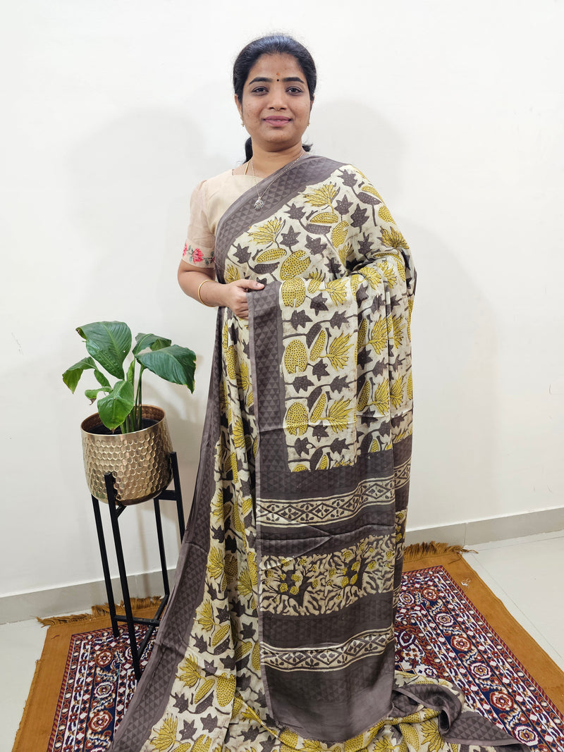 Modal Silk Saree Hand Block Prints - Dark Beige with Yellow
