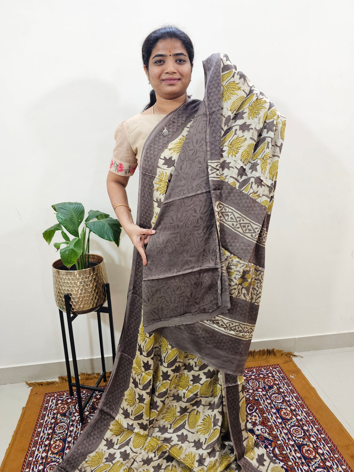 Modal Silk Saree Hand Block Prints - Dark Beige with Yellow