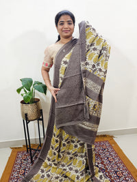 Modal Silk Saree Hand Block Prints - Dark Beige with Yellow