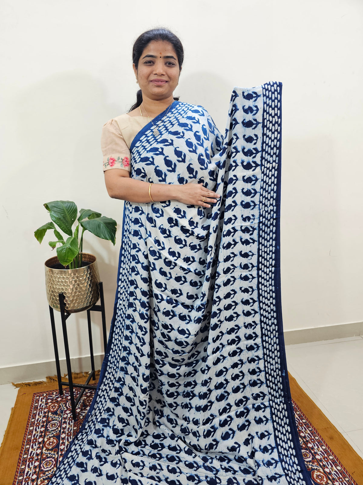 Modal Silk Saree Hand Block Prints - Indigo Blue