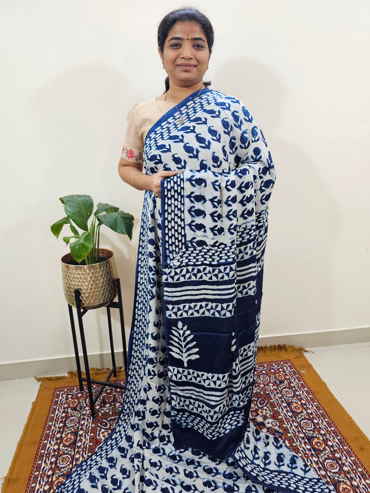 Modal Silk Saree Hand Block Prints - Indigo Blue