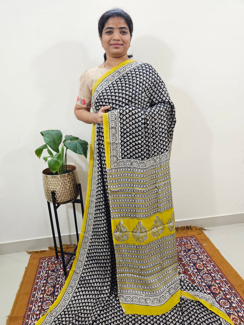 Modal Silk Saree Hand Block Prints - Black and Yellow