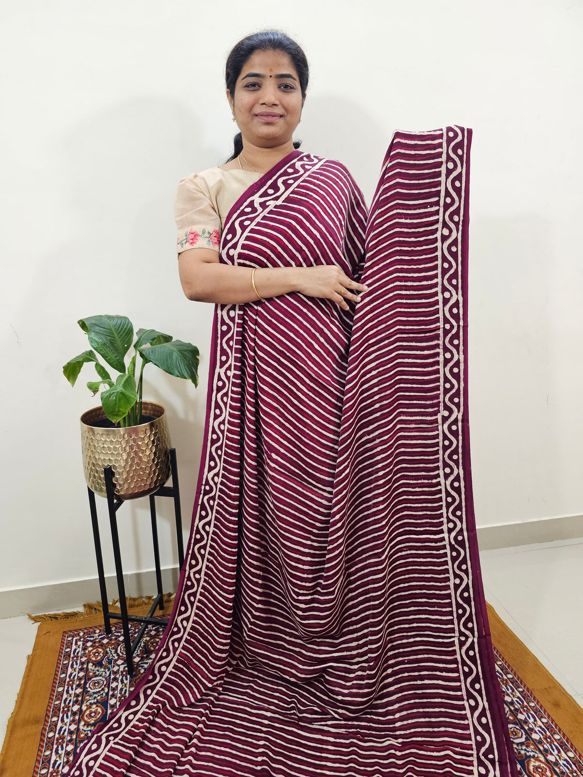 Modal Silk Saree Hand Block Prints - Maroon with Red