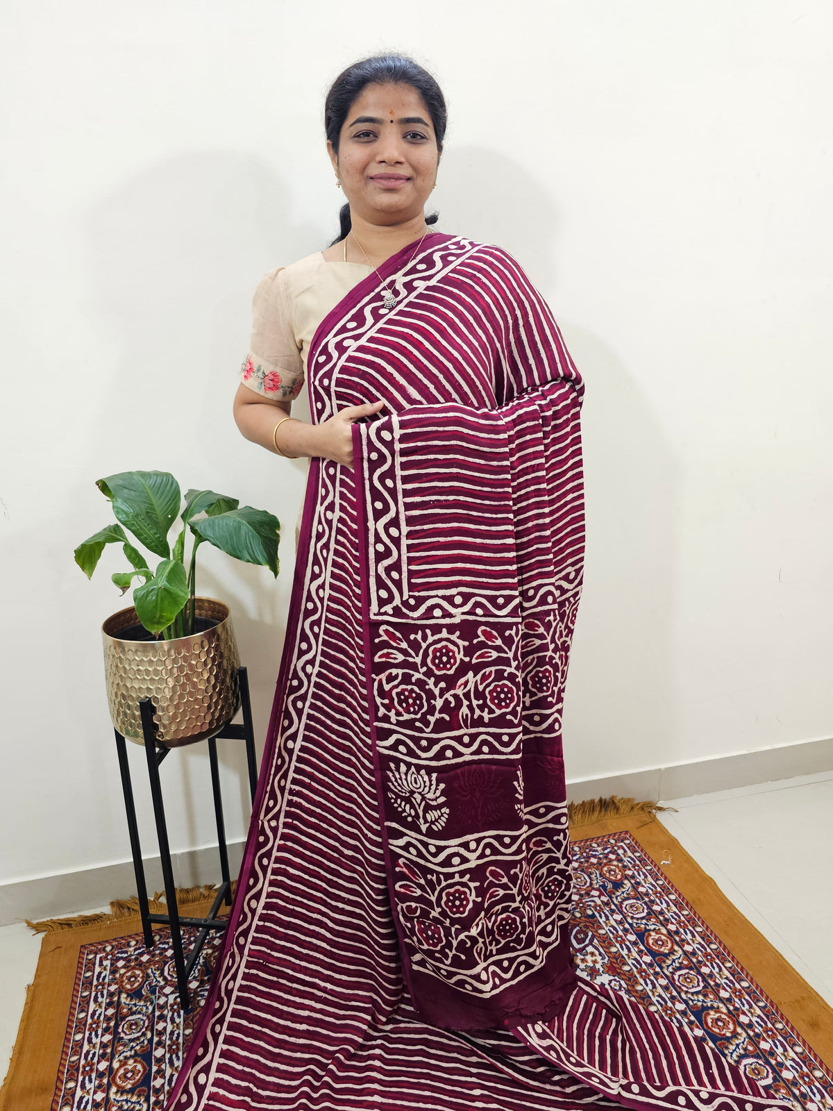 Modal Silk Saree Hand Block Prints - Maroon with Red