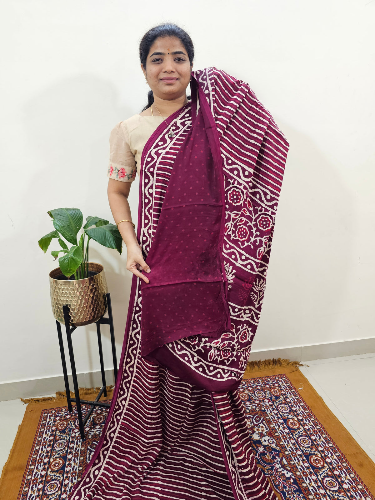 Modal Silk Saree Hand Block Prints - Maroon with Red