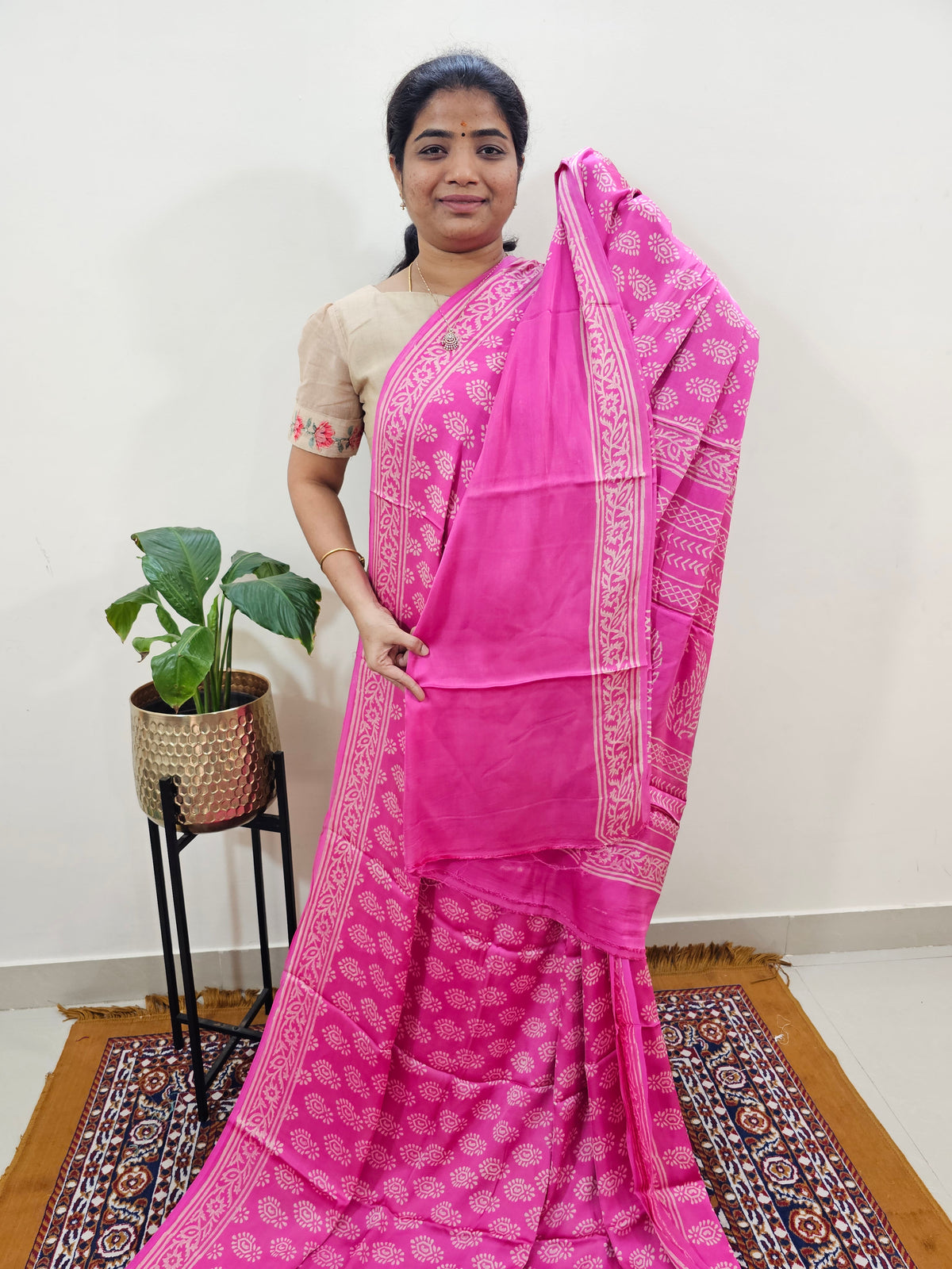 Modal Silk Saree Hand Block Prints - Pink