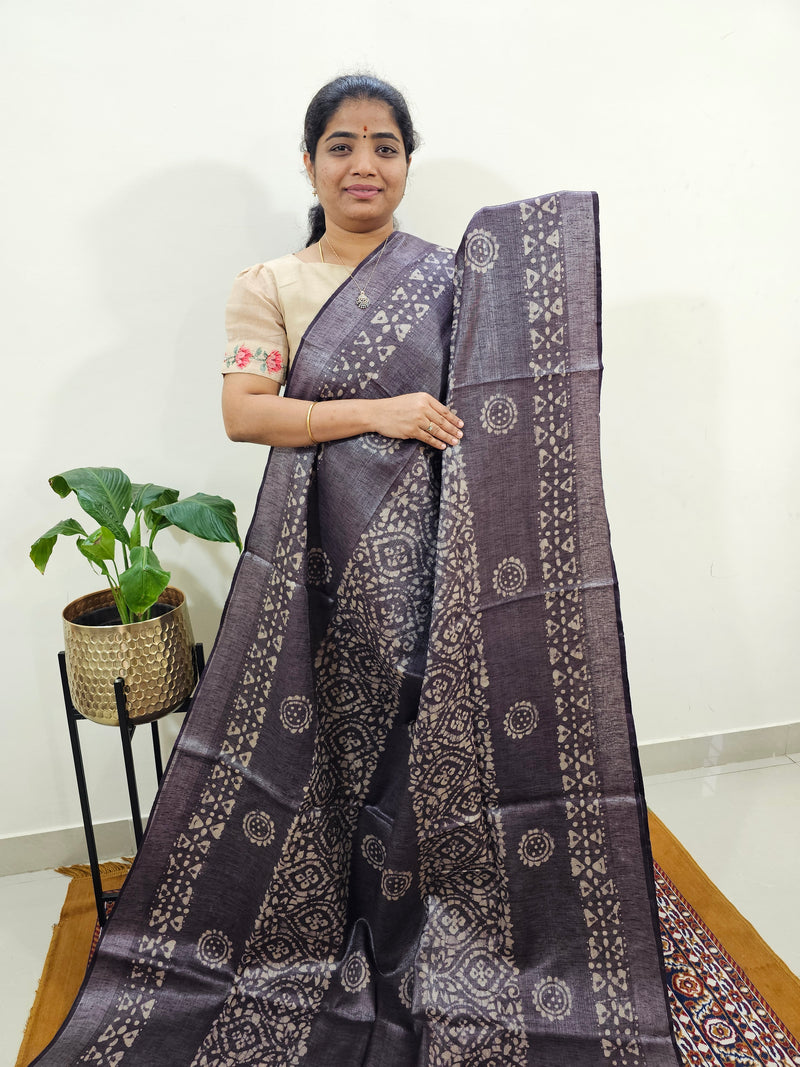 Bhagalpuri with Silver Zari Weaving Batik Print - Dark Brown with Honey Brown