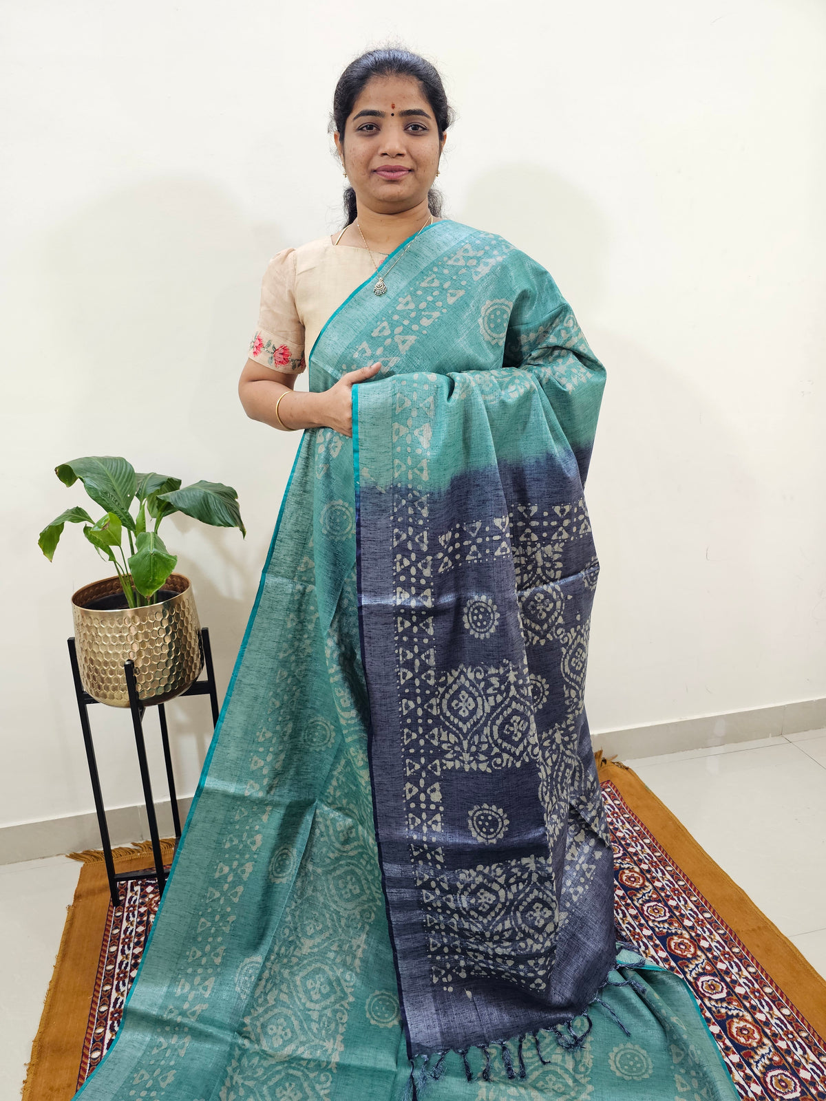 Bhagalpuri with Silver Zari Weaving Batik Print - Sea Green with Blue