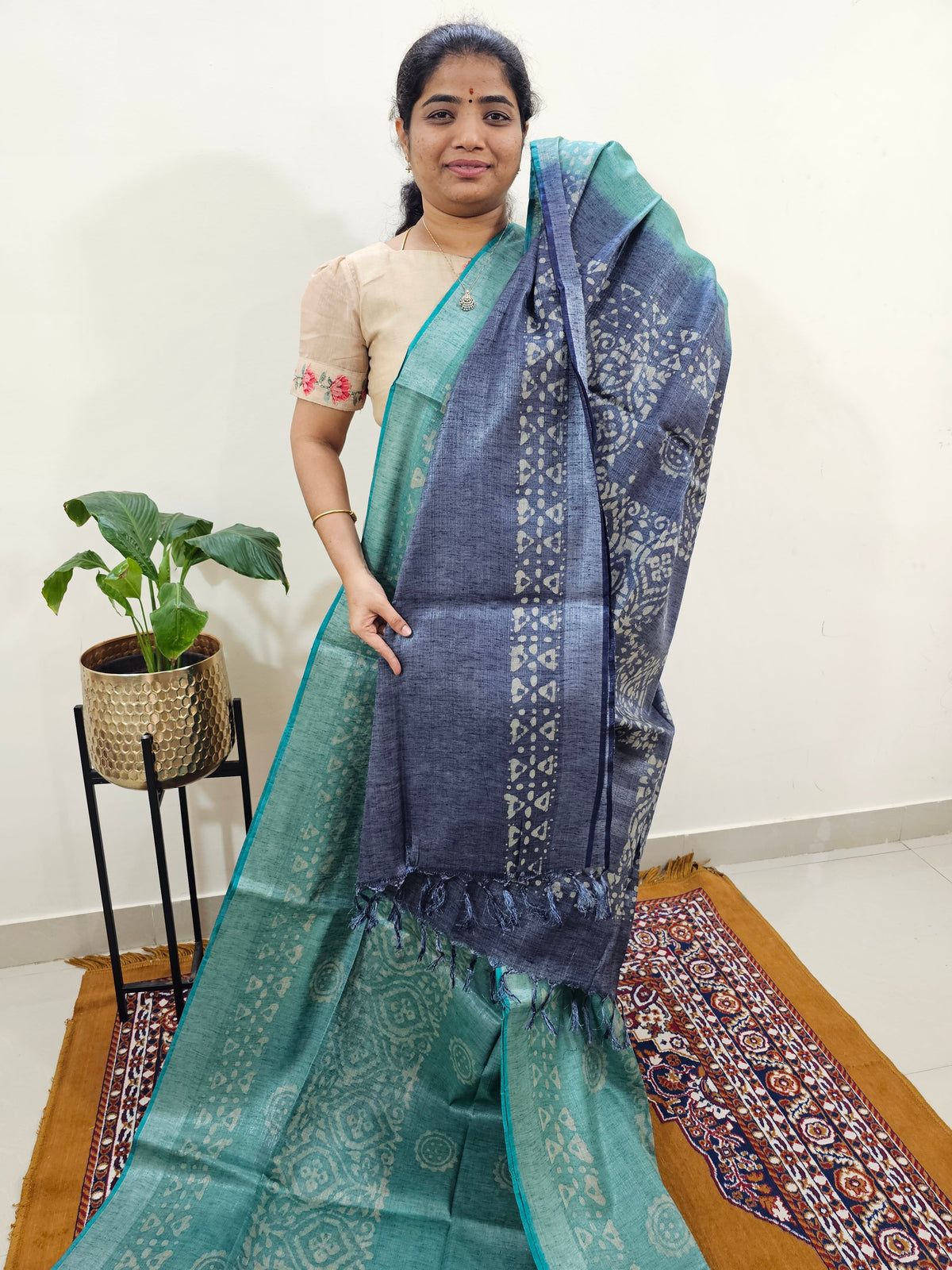 Bhagalpuri with Silver Zari Weaving Batik Print - Sea Green with Blue