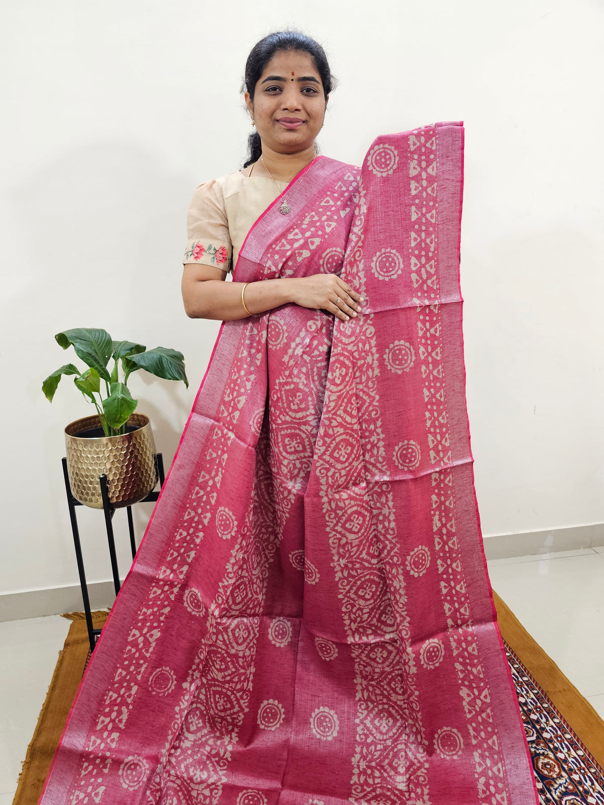 Bhagalpuri with Silver Zari Weaving Batik Print - Pink with Dark Maroon